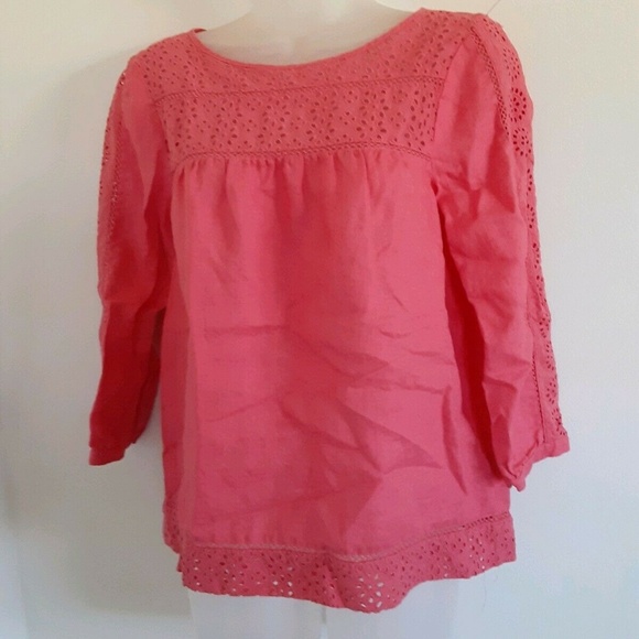 J. CREW Vintage Pink or Coral Linen and Lace Eyelet Boho Peasant Blouse Size XS - Picture 7 of 8